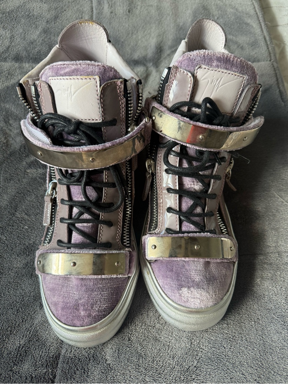 Giuseppe Zanotti Lilac Velvet High-Top Sneakers with Metallic Silver Straps